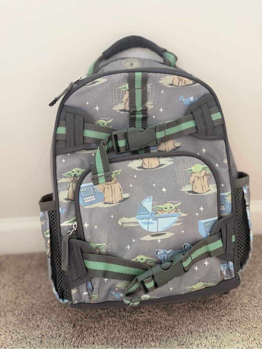Pottery Barn Kids Gray Backpack with Green Accent Straps featuring Grogu Print
